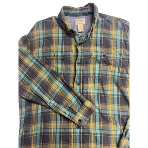 VTG LL Bean Mens Slightly Fitted Flannel Shirt Teal Plaid L-REG Outdoor Granola
